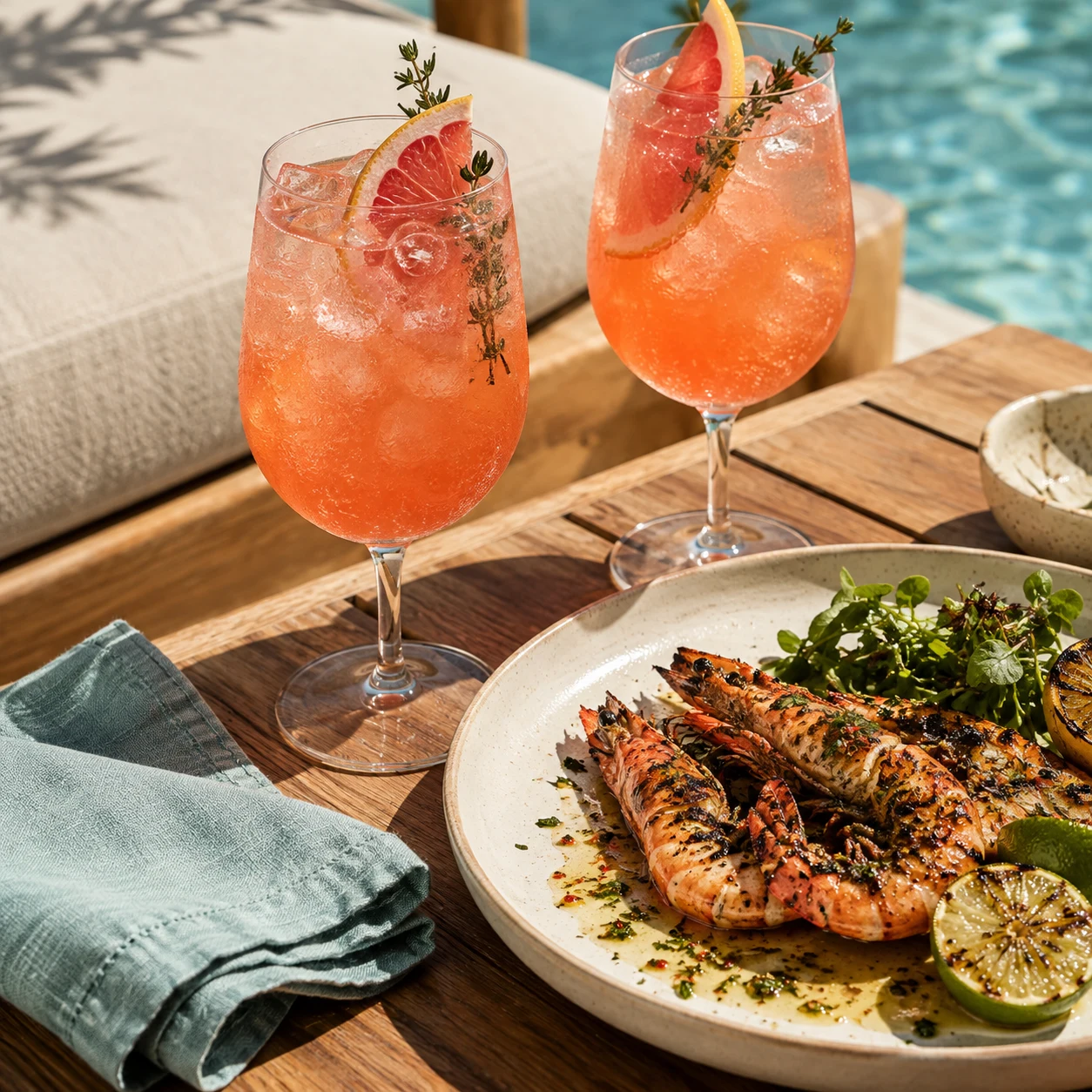 Citrus and seafood plates with cocktails