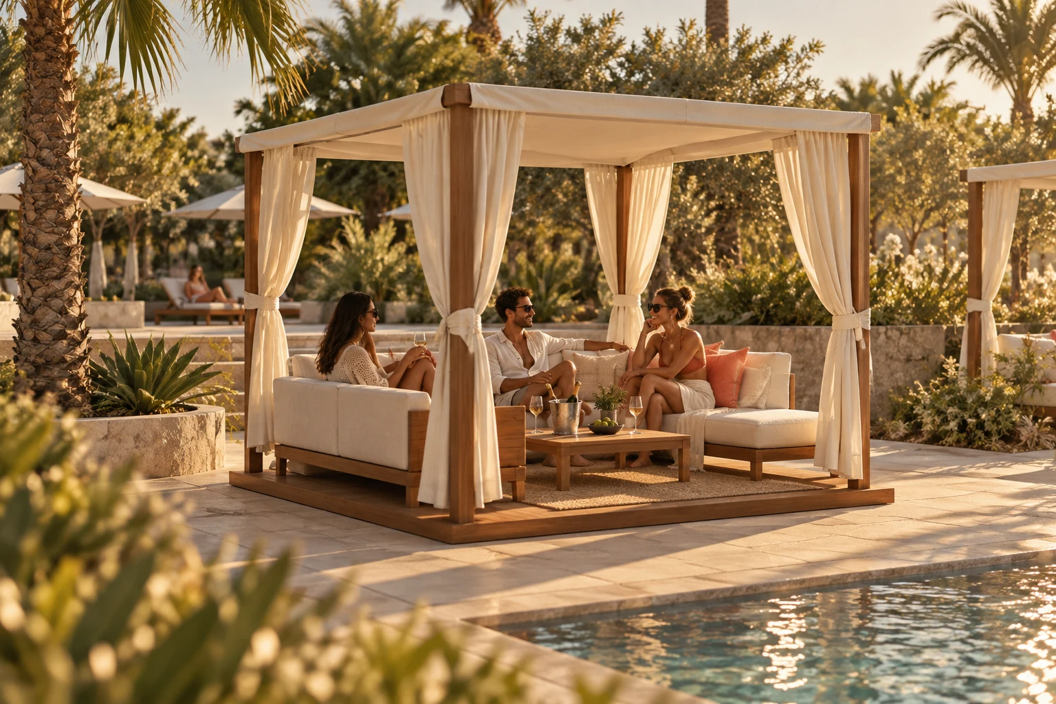A VIP cabana with draped linen